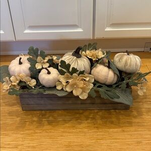 Beautiful and Elegant Cream Pumpkin Floral Arrangement in Wood Box 15.5” Long